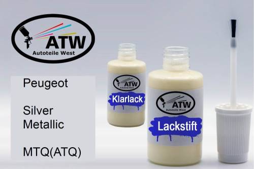 Peugeot, Silver Metallic, MTQ(ATQ): 20ml Lackstift + 20ml Klarlack - Set, von ATW Autoteile West.